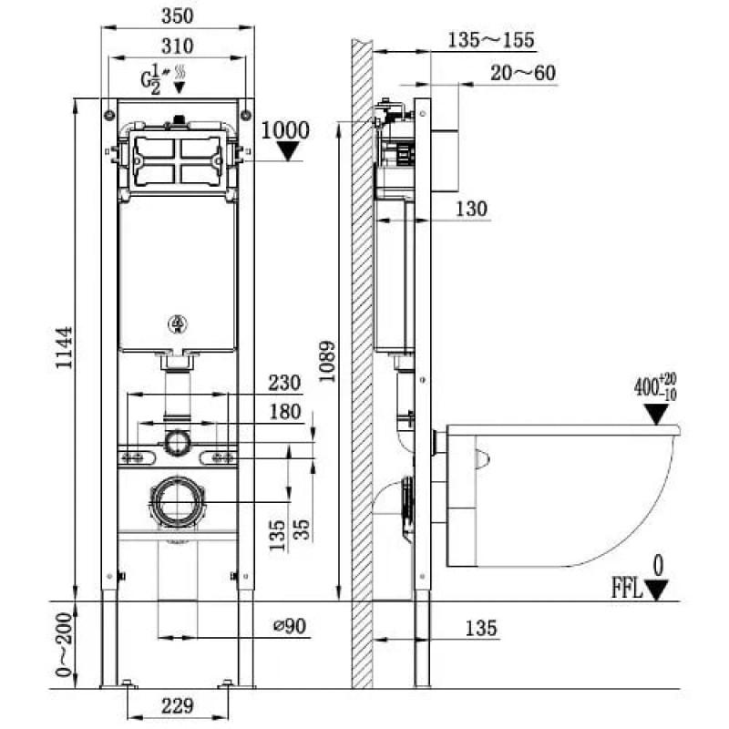 Унитаз с инсталляцией WeltWasser и кнопкой смыва (AMBERG 350 + GELBACH 043 MT-WT + AMBERG RD-CR)