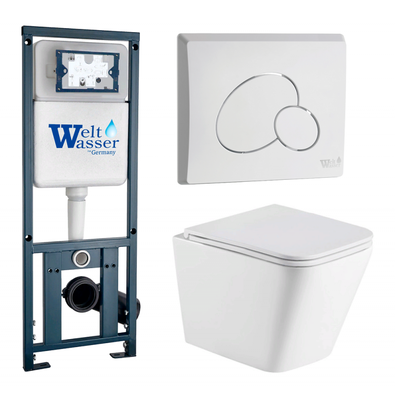 Унитаз с инсталляцией WeltWasser и кнопкой смыва (MARBERG 410 + GELBACH 043 GL-WT + MAR 410 RD GL-WT)