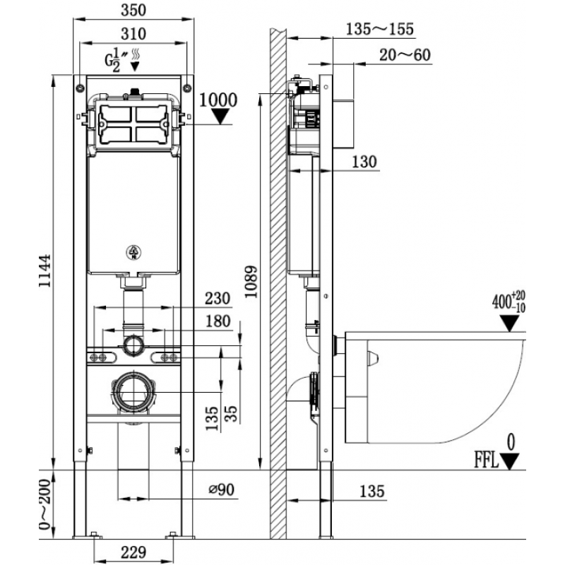 Унитаз с инсталляцией WeltWasser и кнопкой смыва (AMBERG 350 + GELBACH 043 MT-WT + AMBERG RD-WT)