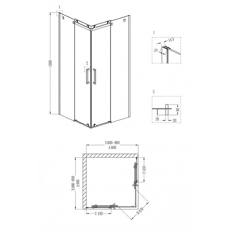 Душ.ограждение GR-1090 Cosmo 90*90*190 квадрат, двери раздвижные 2 места