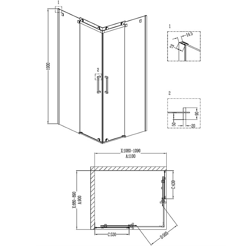 Душ.ограждение GR-1120L Cosmo 120*90*190 прямоугольник, двери раздвижные 2 места