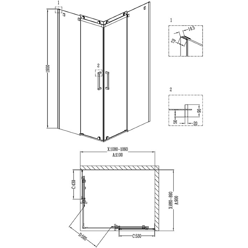 Душ.ограждение GR-1110R Cosmo 110*90*190 прямоугольник, двери раздвижные 2 места