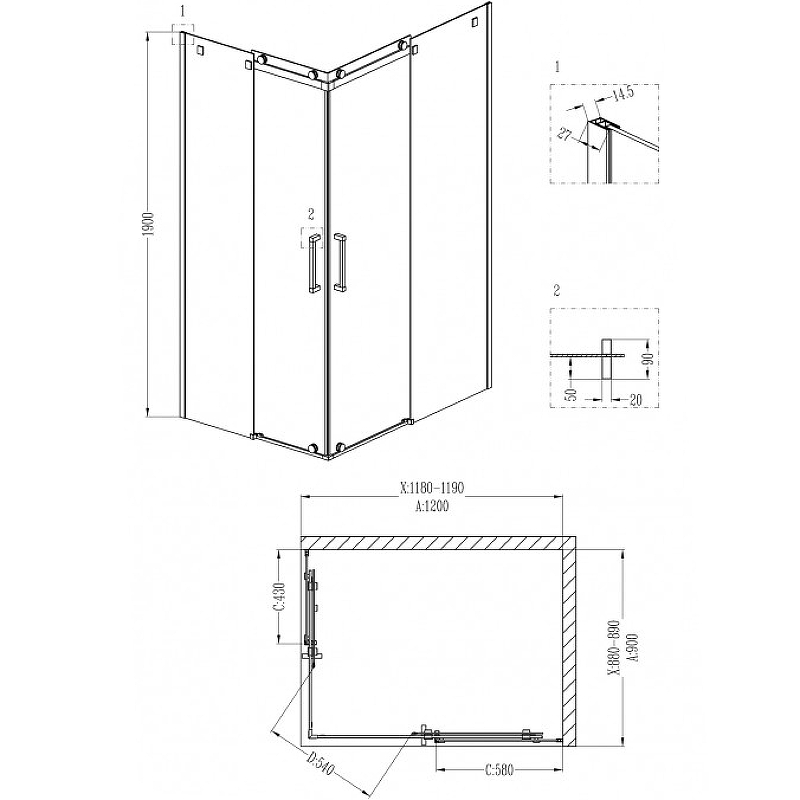 Душ.ограждение GR-1120R Cosmo 120*90*190 прямоугольник, двери раздвижные 2 места