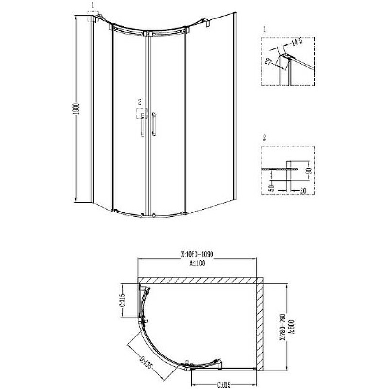 Душ.ограждение GR-4110R Galaxy 110*80*190 двери раздвижные 2 места