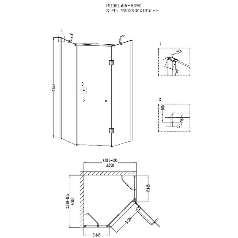 Душ.ограждение GR-8090 Classic 90*90*185 трапеция, дверь распашная 2 места