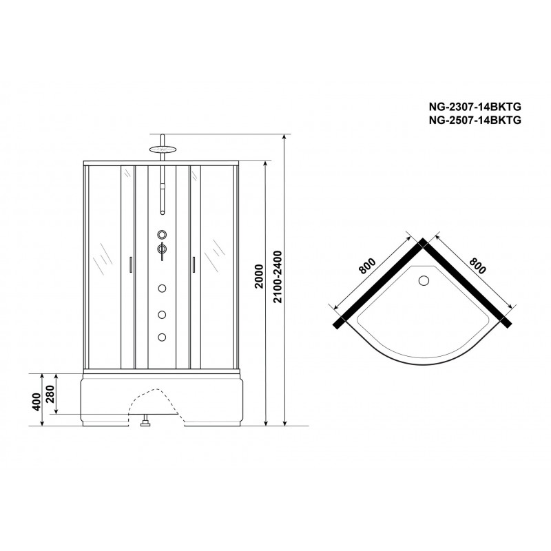 Душевая кабина Niagara NG-2307-14BKTG 80х80 см, с матовыми стеклами