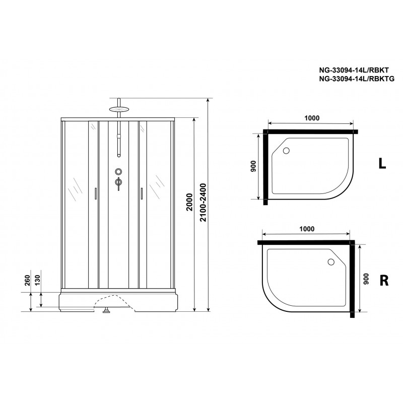 Душевая кабина Niagara NG-33094-14LBKT 100х90 см, с матовыми стеклами, левосторонняя