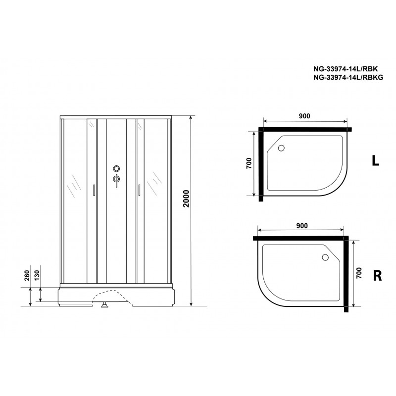 Душевая кабина Niagara NG-33974-14LBK 90х70 см, с матовыми стеклами, левосторонняя