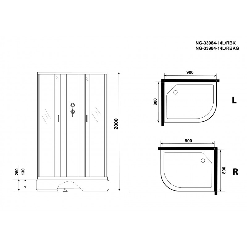 Душевая кабина Niagara NG-33984-14RBK 90х80 см, с матовыми стеклами, правосторонняя