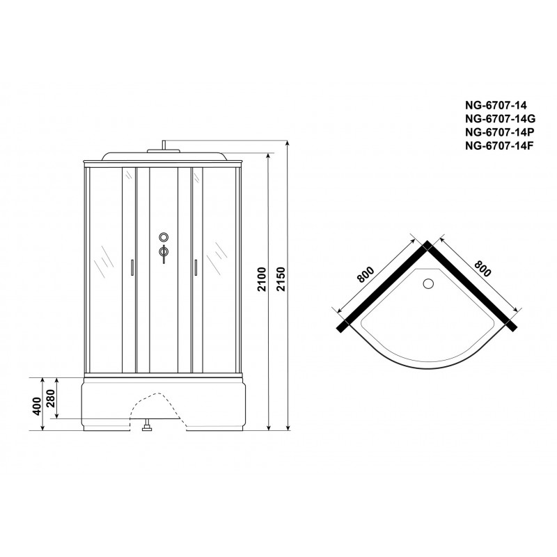 Душевая кабина Niagara NG-6707-14G 80х80 см, с прозрачными стеклами